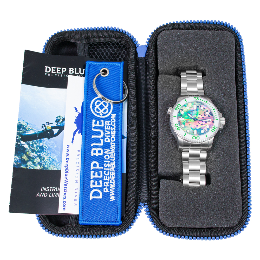 Deep Blue Ladies 36mm "Lizzy Blue" Diver Watch Ceramic Green-White Bezel/Green Abalone Shell Dial